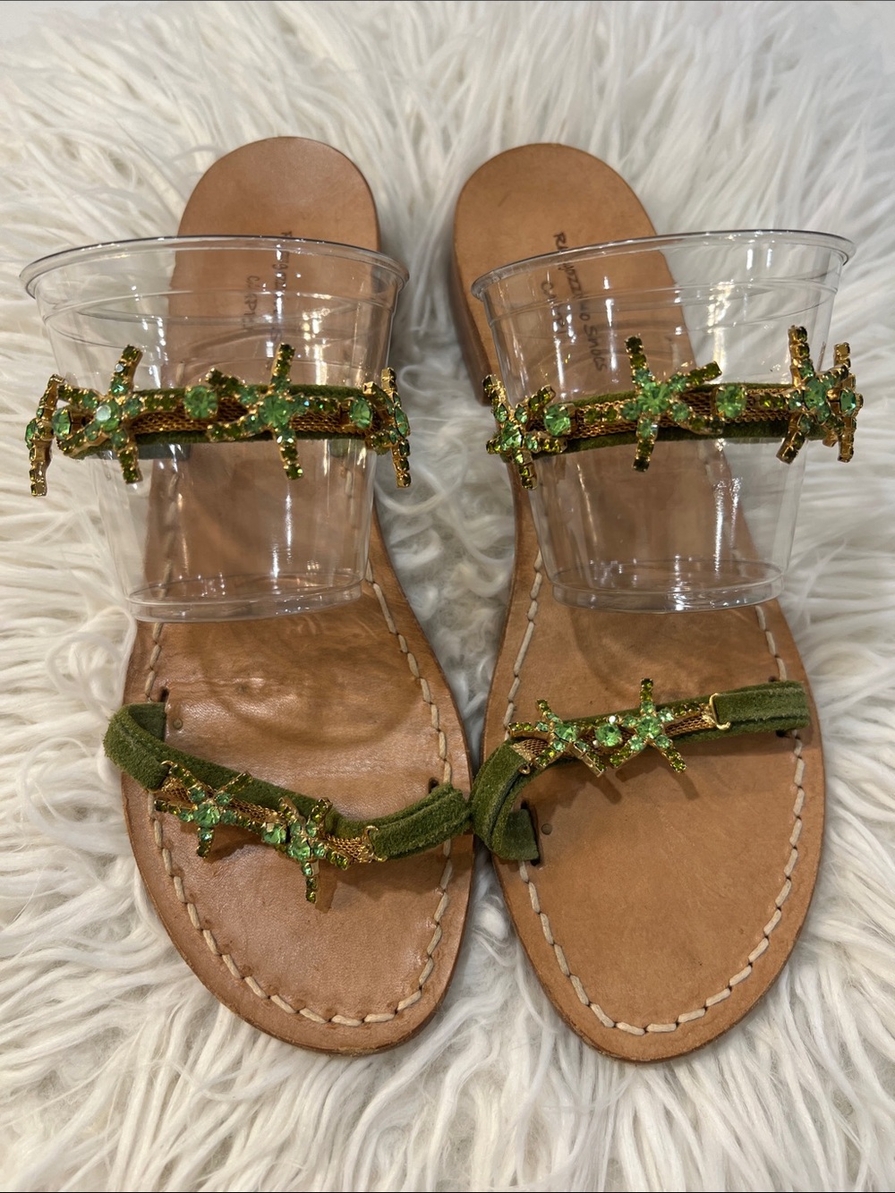 RAGOZZINO SHOES Embellished Olive Green Slide Sandals with Gold Accents SIZE 8